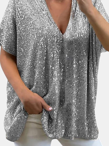 Size Sequin V-Neck Short Sleeve Top DJPT